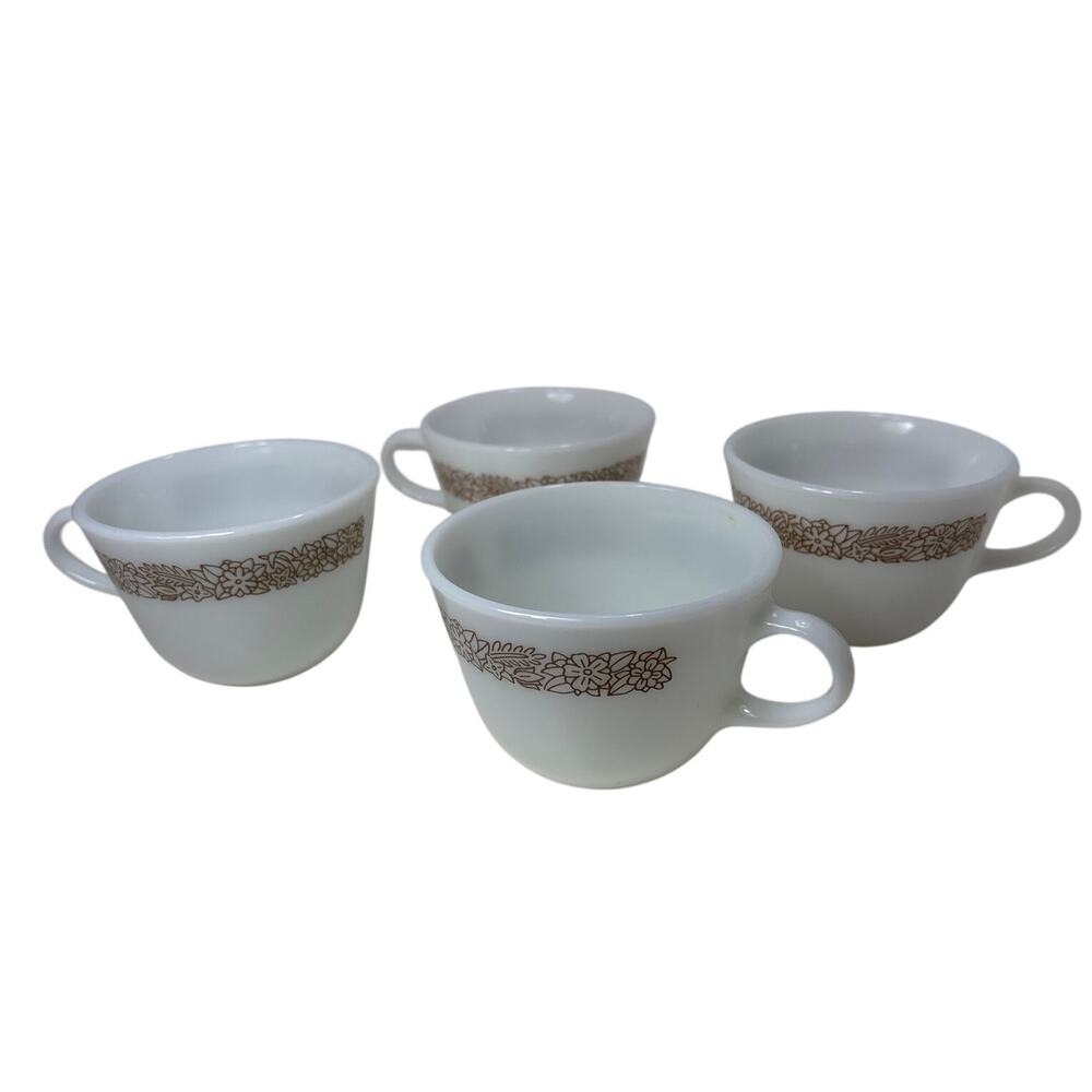 Vintage PYREX Corning USA Woodland Brown Floral Milk Glass Tea Coffee Cups 4‎